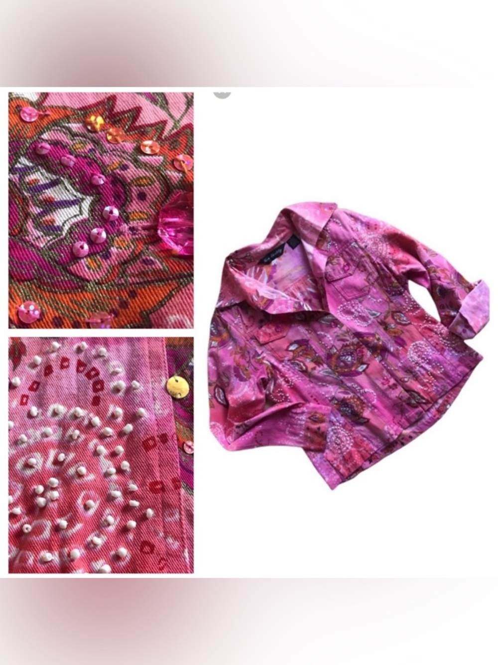 New Identity Pink Floral Embellished Jean Jacket Small EUC 100% Cotton